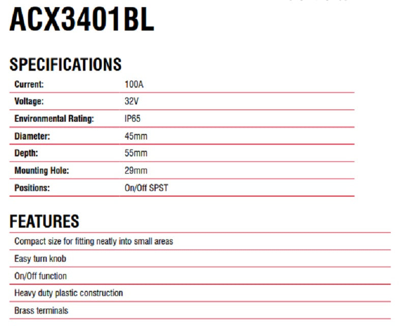 OEX Mini Rotary Battery Master Isolator Switch On/Off Switch 12v 24v 3