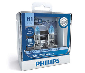 Genuine Philips H1 WhiteVision Ultra Light Globes 12v 4200K Whitest Road Legal Halogen
