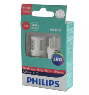 Genuine PHILIPS 12V T20 W21W Red Wedge Ultinon LED Stop Light Bulb - Twin Pack