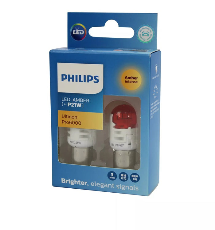 Genuine PHILIPS Amber LED 12v P21W Indicator Bulb BAU15s Ultinon Pro6000 Twin Pack