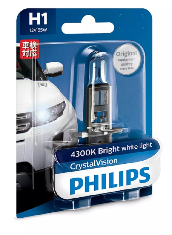 Genuine Philips H1 Crystal Vision Car Headlight Bulbs 4300K Single Blister Pack