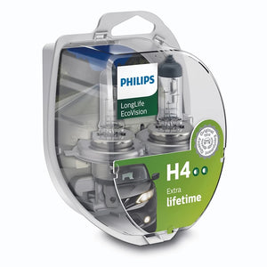 Genuine Philips H4 Long Life Eco Vision Light Globes 12v 60/55 3100K Halogen Road Legal