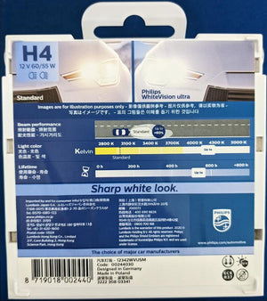 Genuine Philips H4 White Vision Ultra Light Globes 12v 60/55 4200K White Road Legal T10
