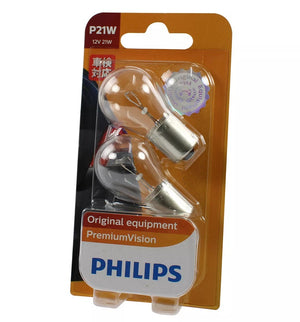 Genuine Philips Bayonet Globe P21W 12v Premium Vision Indicator Stop BA15s Twin Pack