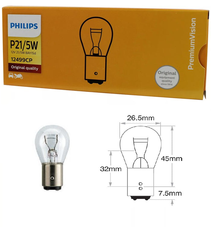 Genuine PHILIPS Bayonet Globe P21/5W 12v Premium Vision Stop Tail Bulb - 10 Pack