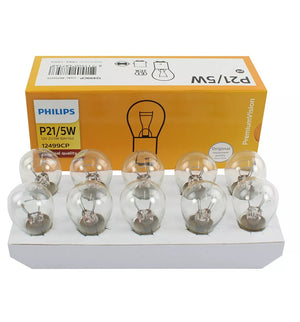 Genuine PHILIPS Bayonet Globe P21/5W 12v Premium Vision Stop Tail Bulb - 10 Pack