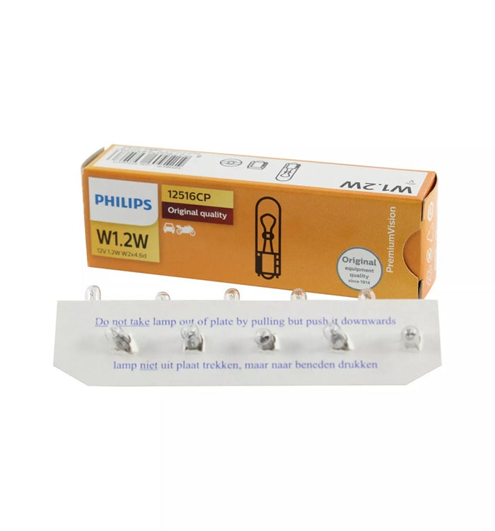 Genuine PHILIPS T5 Wedge Bulb W1.2W 12v 1.2w Premium Vision Dash Globe 10 Pack