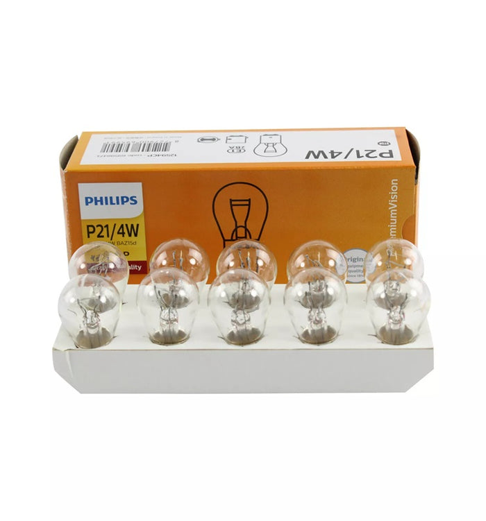 Genuine Philips Bayonet Light Globe P21/4W 12V Premium Vision BAZ15D - 10 Pack