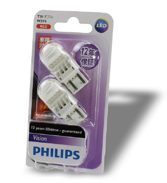 Genuine PHILIPS Vision Red LED Stop Tail Light Wedge Bulbs 12V T20 W21/5 2W - Pair
