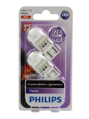 Genuine PHILIPS Vision Red LED Stop Tail Light Wedge Bulbs 12V T20 W21/5 2W - Pair