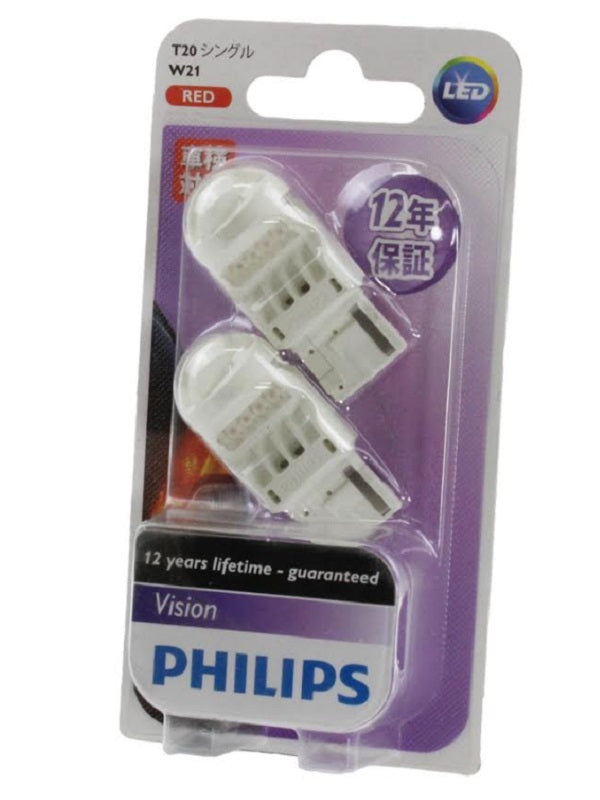 Genuine PHILIPS Vision Red LED Stop Tail Light T20 Wedge Bulbs W21 12v 2w - Pair