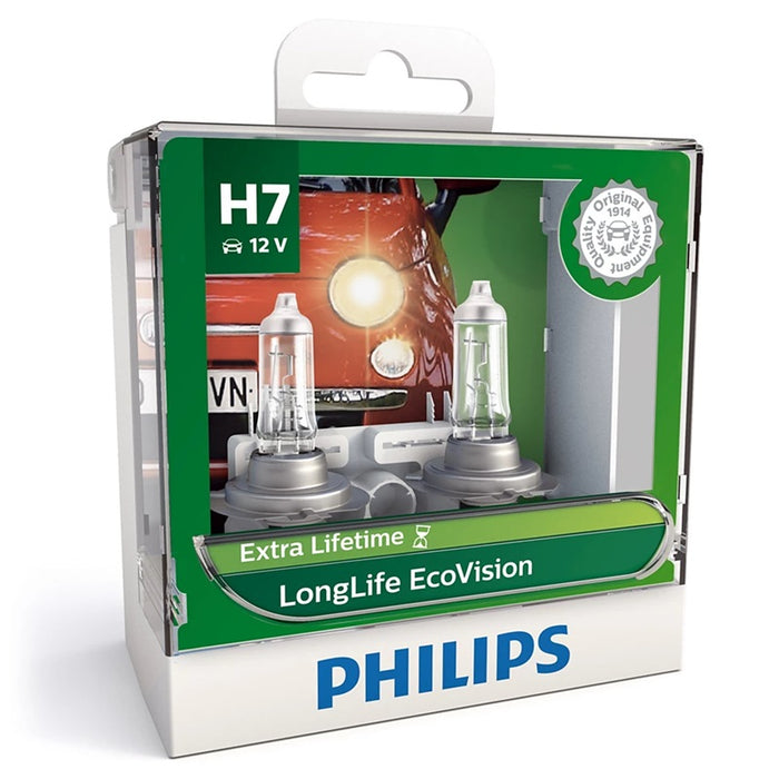 Genuine Philips H7 Long Life Eco Vision Light Globes 12v 55w 3100K Halogen Road Legal