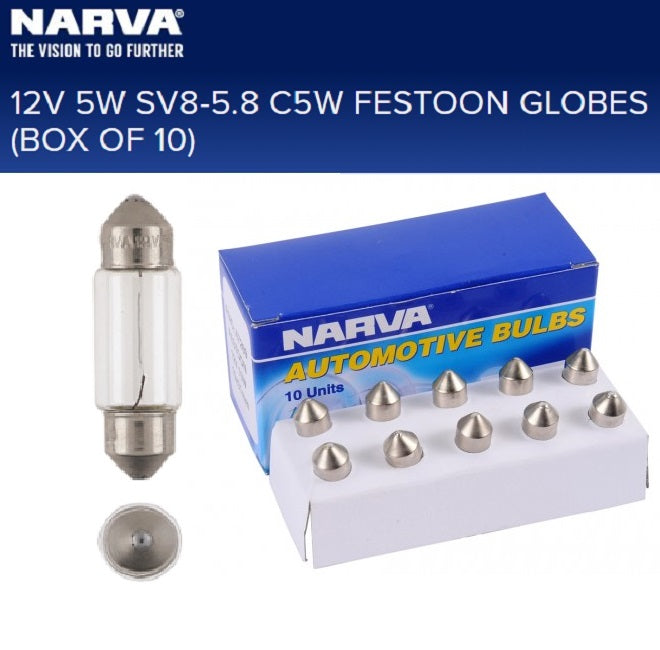 Narva Festoon Globes 12v 10 Pack Suit Side Marker Clearance Light 5W SV8-5.8 C5W