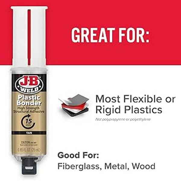 JB Weld PLASTIC BONDER Urethane Adhesive 2 Part Glue Quick Set 25ml Cures TAN