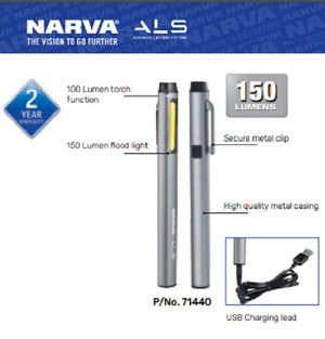Narva ALS Rechargeable L.E.D Pen Light Crisp White 150 Lumens Lithium Battery