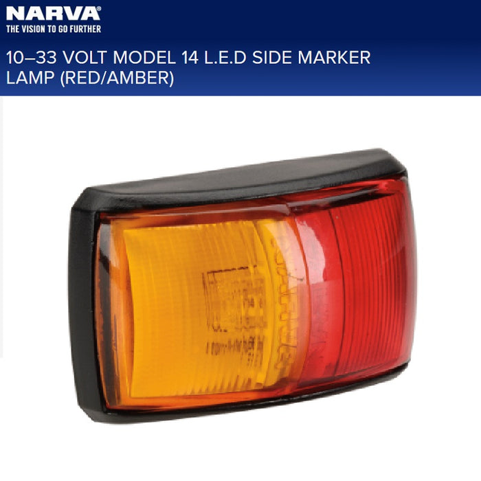 Narva LED Side Marker Clearance Light 9–33v Red/Amber Lens & Black Base 57x35mm
