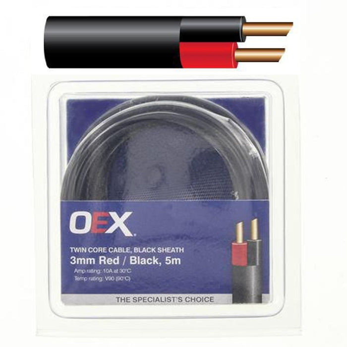 OEX 3mm 5mtr Twin Core Automotive Cable 10A at 30°C Red/Black Light Duty 12/24v