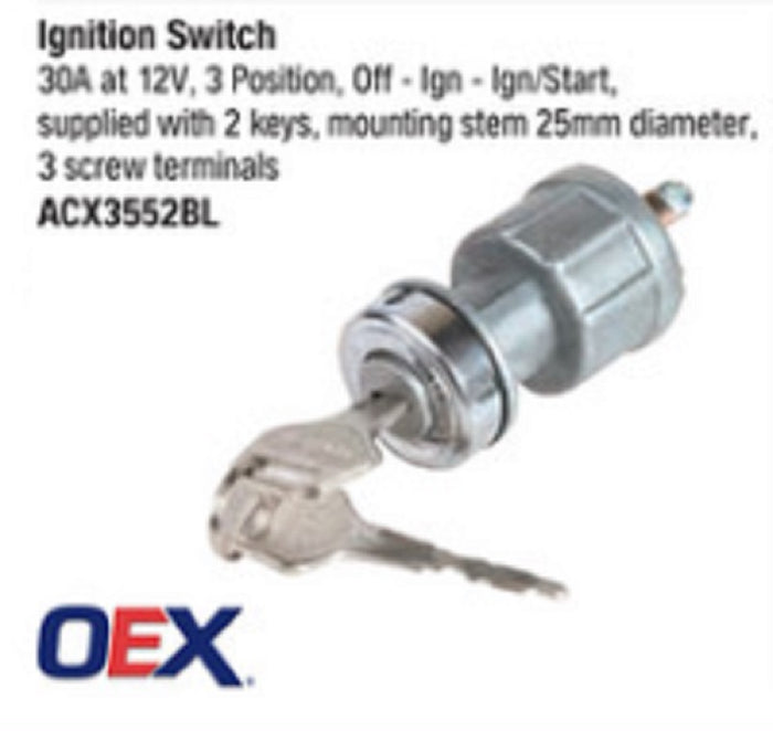 OEX Ignition Switch OFF-IGN-START Contacts Rated 30A @ 12V 25mm Diameter 2 Keys