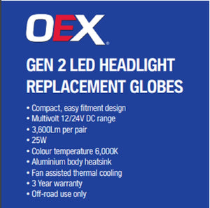 OEX H7 LED Headlight Globes 12V 24V GEN2 H7 3600lm 6000k Pair Bulbs IP65