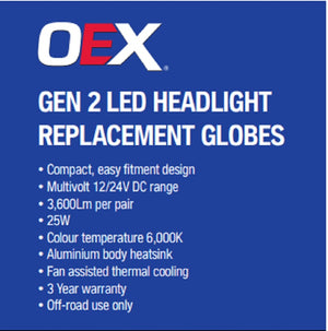 OEX H7 LED Headlight Globes 12V 24V GEN2 H7 3600lm 6000k Pair Bulbs IP65