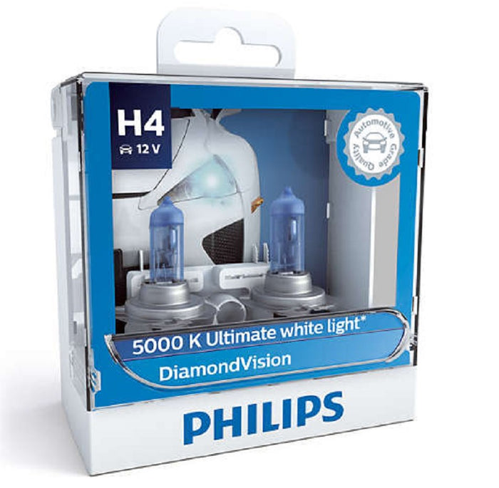 Genuine Philips H4 Diamond Vision Head Light Globes 12v 60/55w 5000K + Parkers Brighter Halogen