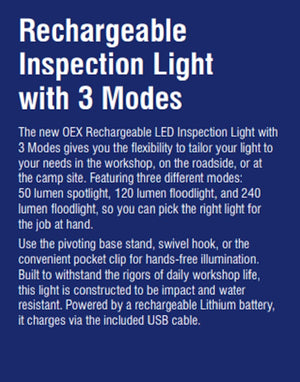 LED Inspection Torch USB Rechargeable Lithium 240 Lumen Flash Flood & Spot Light