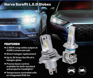 Narva H7 Surefit LED Globes Pair Compact Design 12v 24v 4000lm 5700K Crisp White