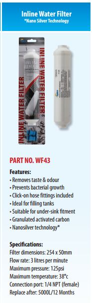 Caravan Inline Water Filter - Nano Silver - Removes Taste Odour Dirt Rust Algae