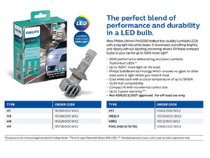 Philips LED H1 Ultinon Pro5000 Bulbs 5800K 1200L 13v 15w Compact Integrated Base