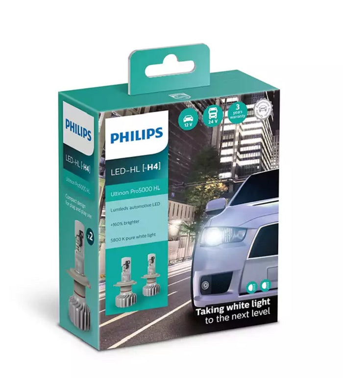 Philips H4 Ultinon LED Pro5000 HL Headlight Bulb Pair 5800K 12v 15W P43t