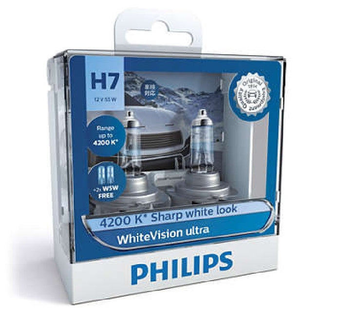 Philips H7 WhiteVision Ultra Light Globes 12v 4200K Whitest Road Legal Halogen