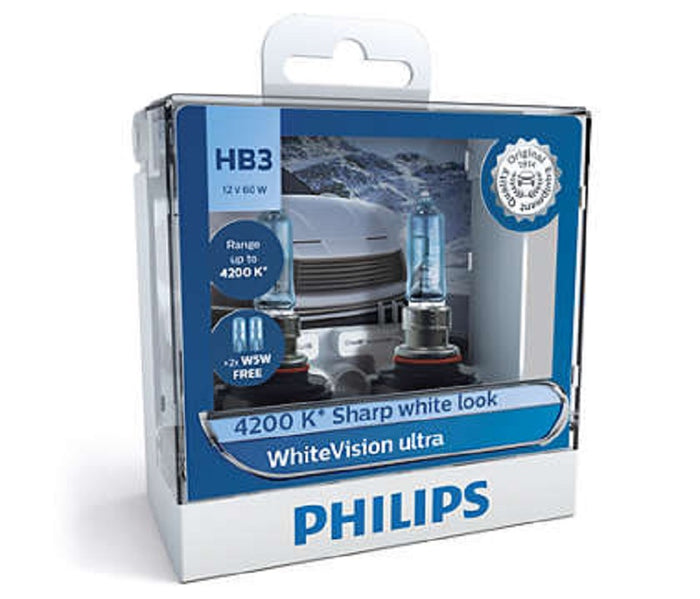 Philips HB3 WhiteVision Ultra Light Globes 12v 4200K Whitest Road Legal Halogen