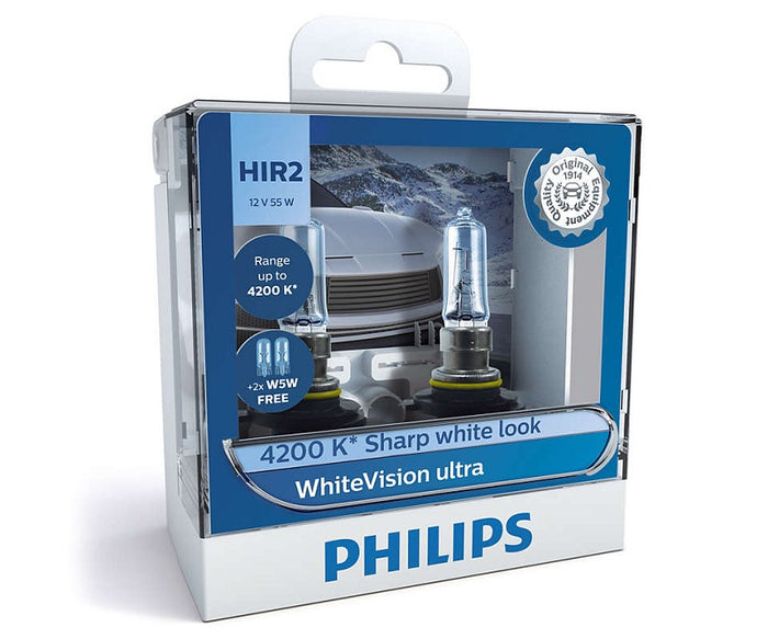 Philips HIR2 WhiteVision Ultra Light Globes 12v 4200K Whitest Road Legal Halogen
